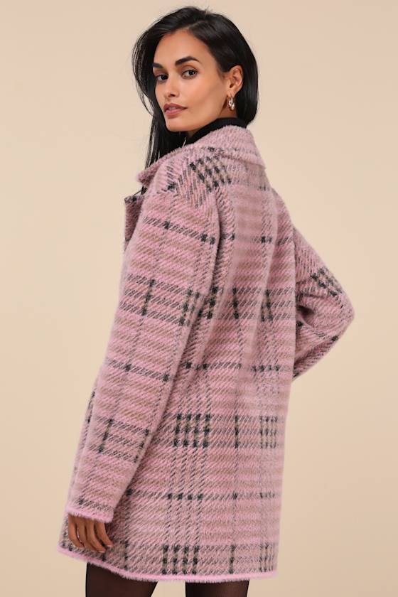 Nvlt Bold Check Pink Fuzzy Plaid Coatigan In Pink