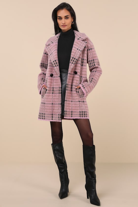 Nvlt Bold Check Pink Fuzzy Plaid Coatigan In Pink