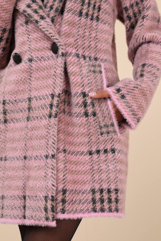 Nvlt Bold Check Pink Fuzzy Plaid Coatigan In Pink
