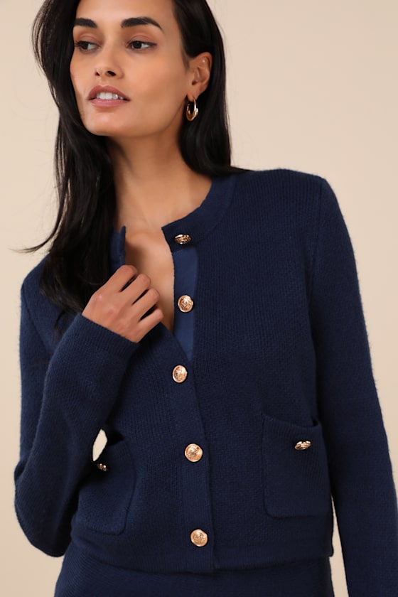 ennoy カーディガン ブルー BUTTON CARDIGAN JOLILUNA Button Up Cardigan Navy Blue Cardigan for Women Crew Neck