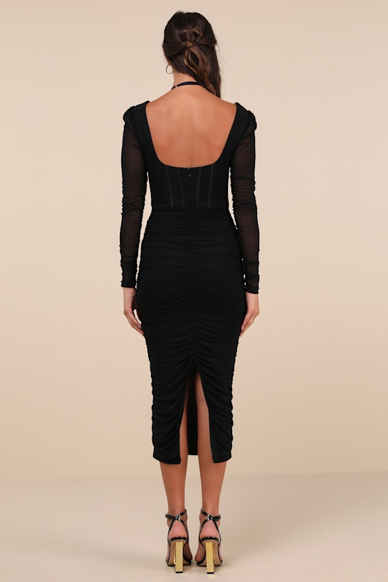 Lulus Dramatic Demure Black Mesh Halter Bustier Midi Dress In Black
