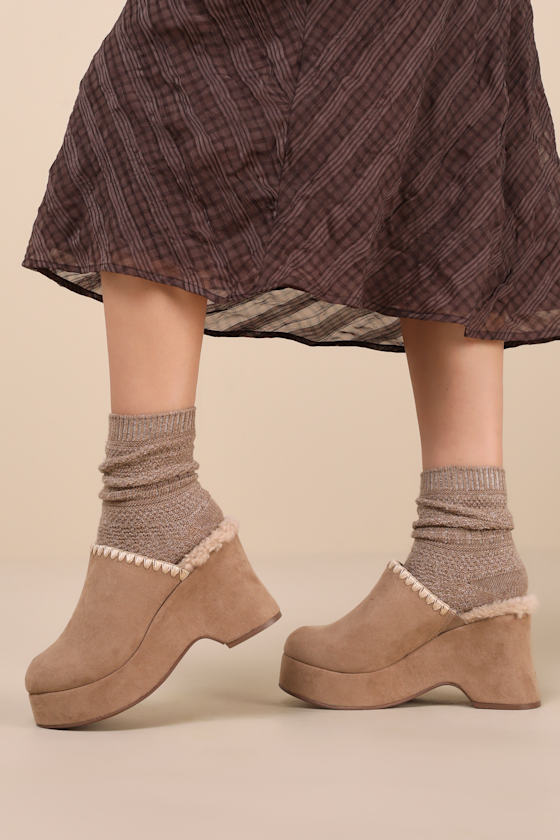 Lulus Remeena Mushroom Suede Platform Clogs In Taupe