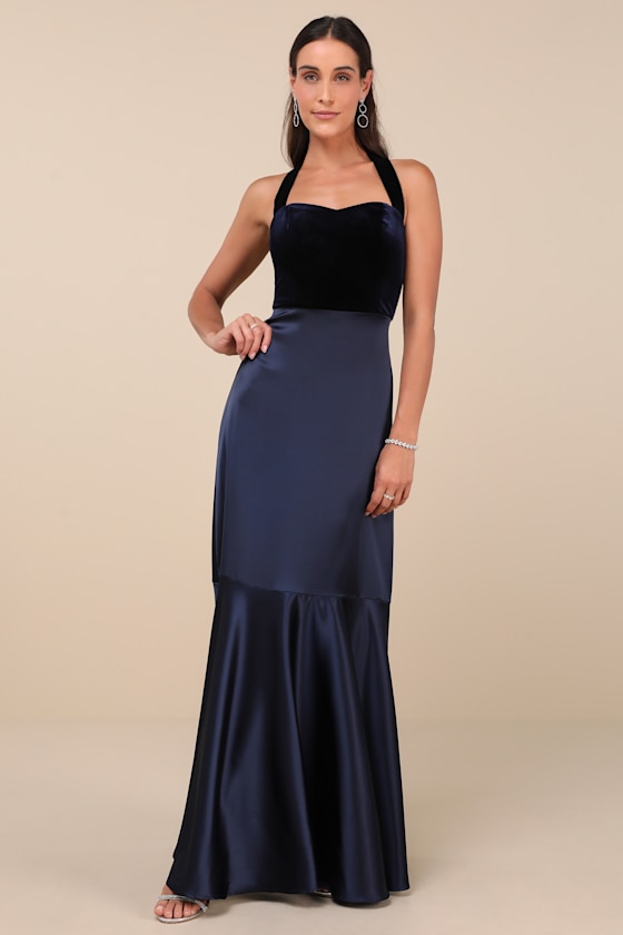 Lulus Mesmerizing Impression Navy Blue Mixed Media Halter Maxi Dress In Navy Blue