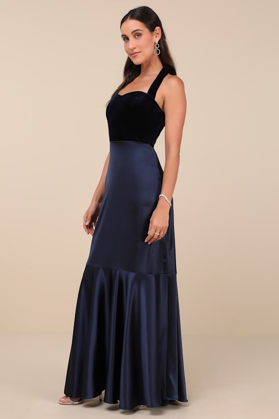 Mesmerizing Impression Navy Blue Mixed Media Halter Maxi Dress 2