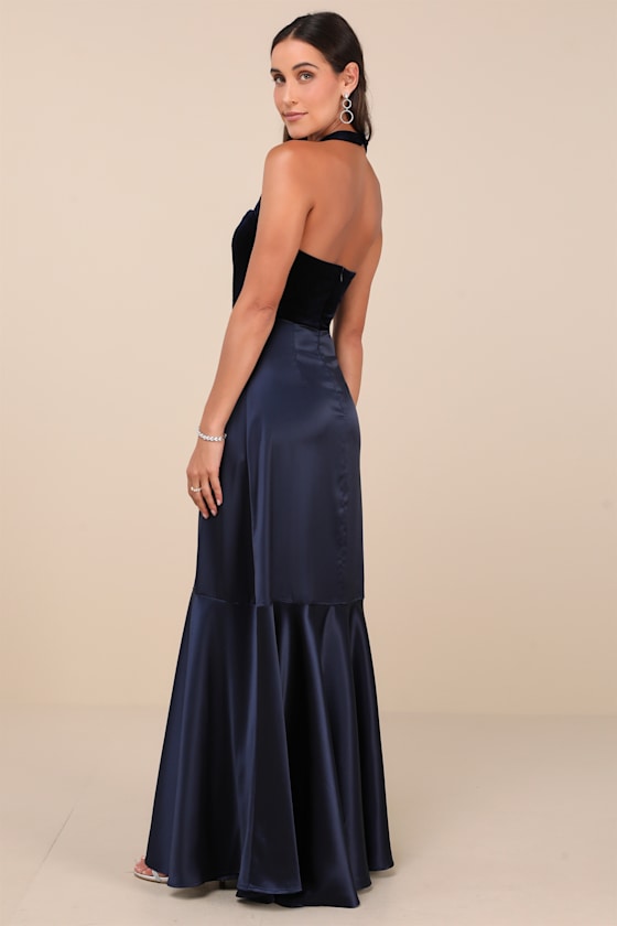 Lulus Mesmerizing Impression Navy Blue Mixed Media Halter Maxi Dress In Navy Blue
