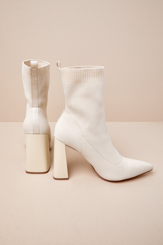 Lulus Feliciaa Almond Ribbed Knit Pointed-toe Sock Boots In Beige