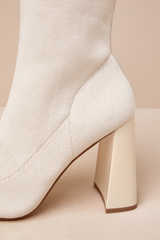 Lulus Feliciaa Almond Ribbed Knit Pointed-toe Sock Boots In Beige