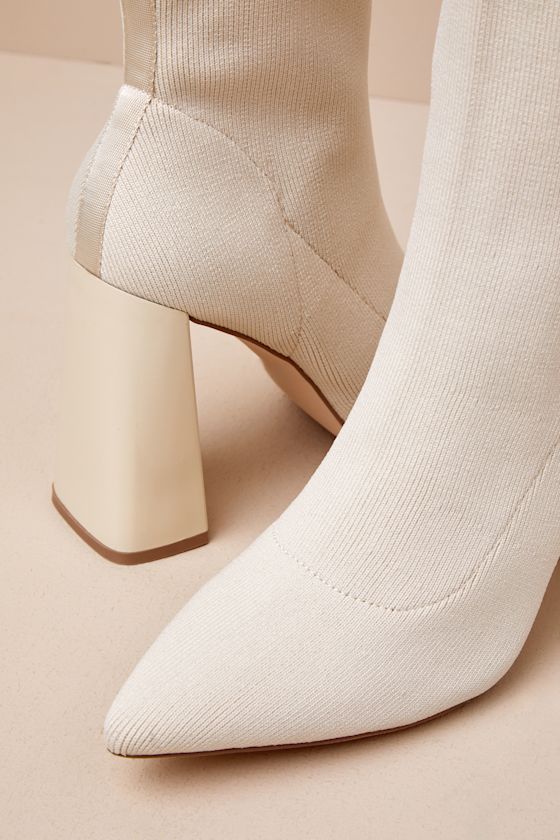 Lulus Feliciaa Almond Ribbed Knit Pointed-toe Sock Boots In Beige