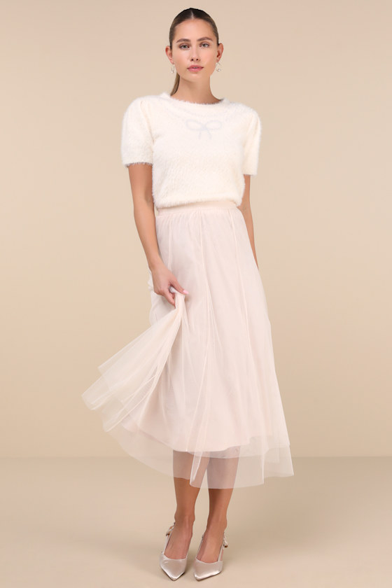 Fabulous Chicness Cream Tulle High-Rise Midi Skirt 1