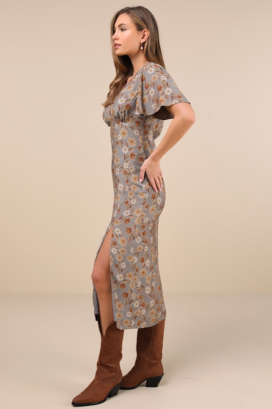 Lulus Marvelously Stylish Grey Floral Flutter Sleeve Midi Dress In Grey