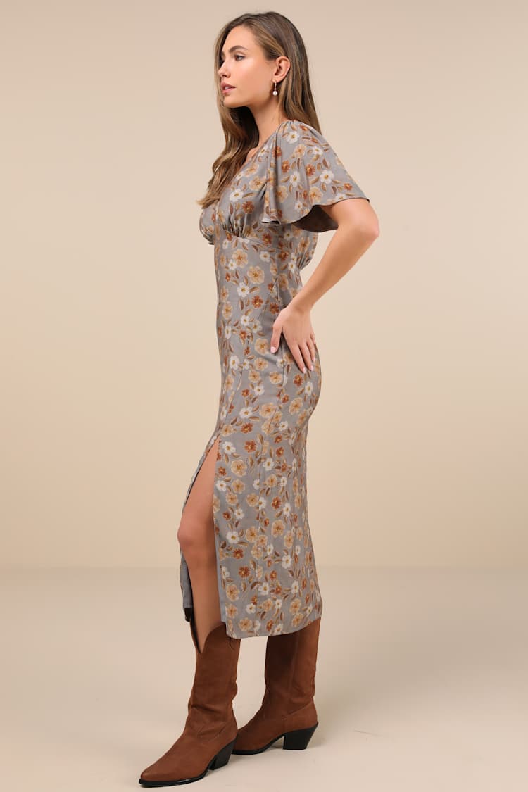 Grey Floral Dress - Flutter Sleeve Midi Dress - Floral Midi Dress - Lulus
