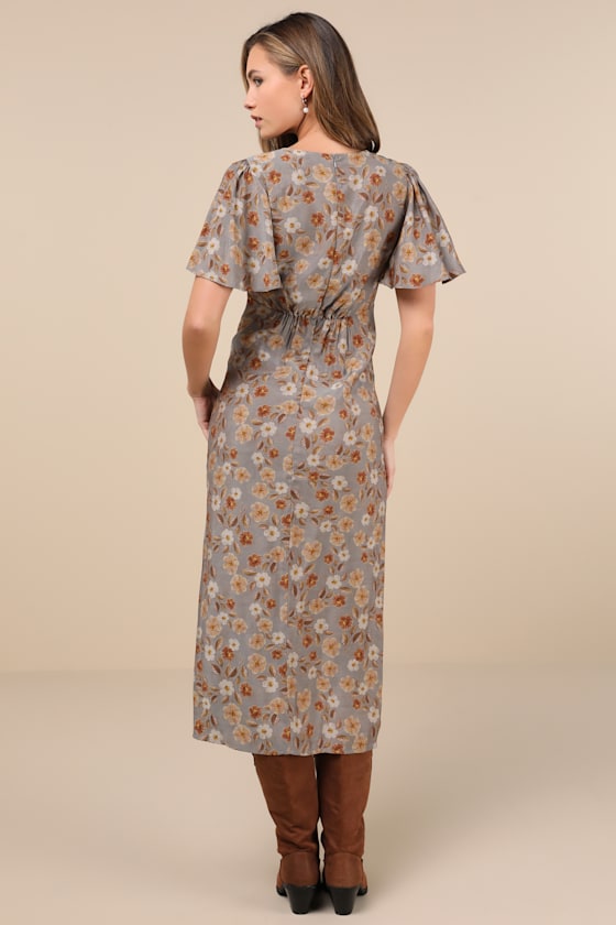 Lulus Marvelously Stylish Grey Floral Flutter Sleeve Midi Dress In Grey