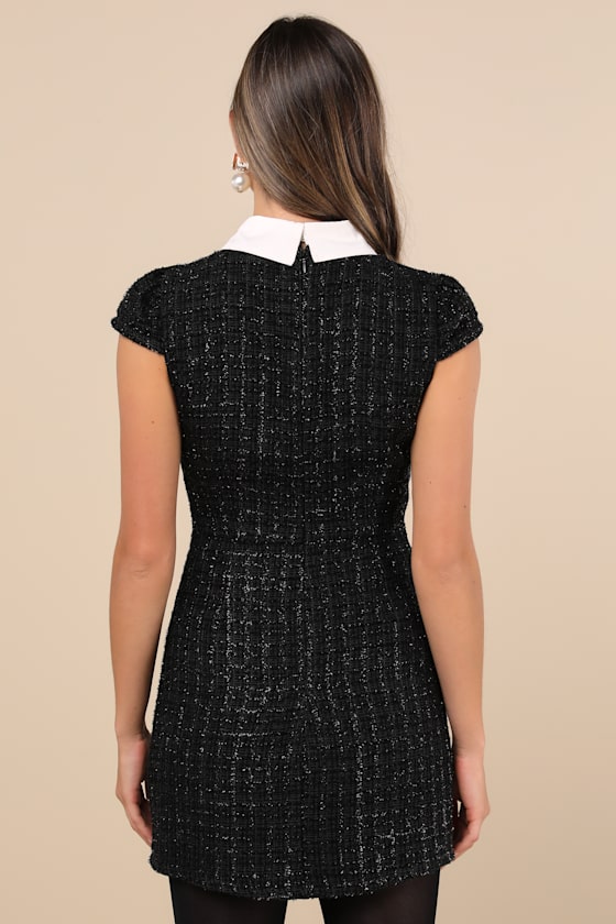 Lulus Instinctive Poise Black Lurex Tweed Collared Button Mini Dress In Black