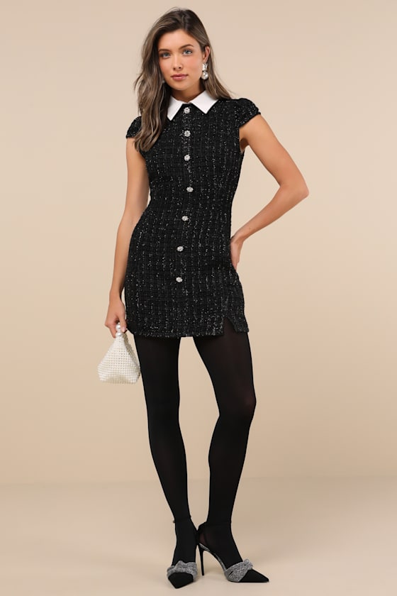 Lulus Instinctive Poise Black Lurex Tweed Collared Button Mini Dress In Black