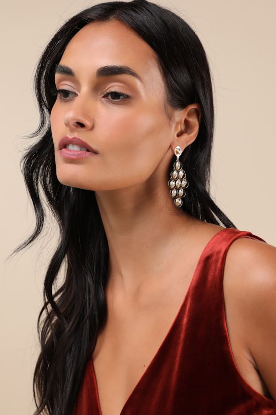 Lulus Noteworthy Sparkle Gold Rhinestone Drop Earrings In Gold