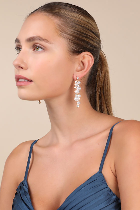 LULUS ELOQUENT STATUS GOLD PEARL AND RHINESTONE DROP EARRINGS
