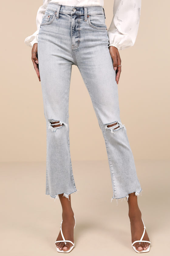 Shy Girl Light Wash Cropped Distressed High-Rise Flare Jeans 6