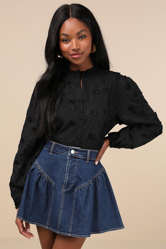 Lulus Admired Effect Black Embroidered Button-up Top In Black