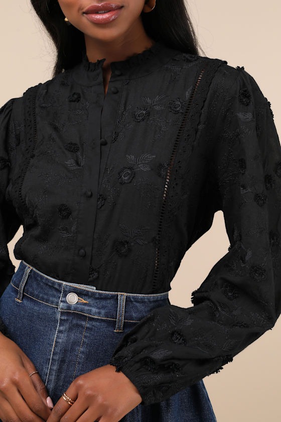 Lulus Admired Effect Black Embroidered Button-up Top In Black