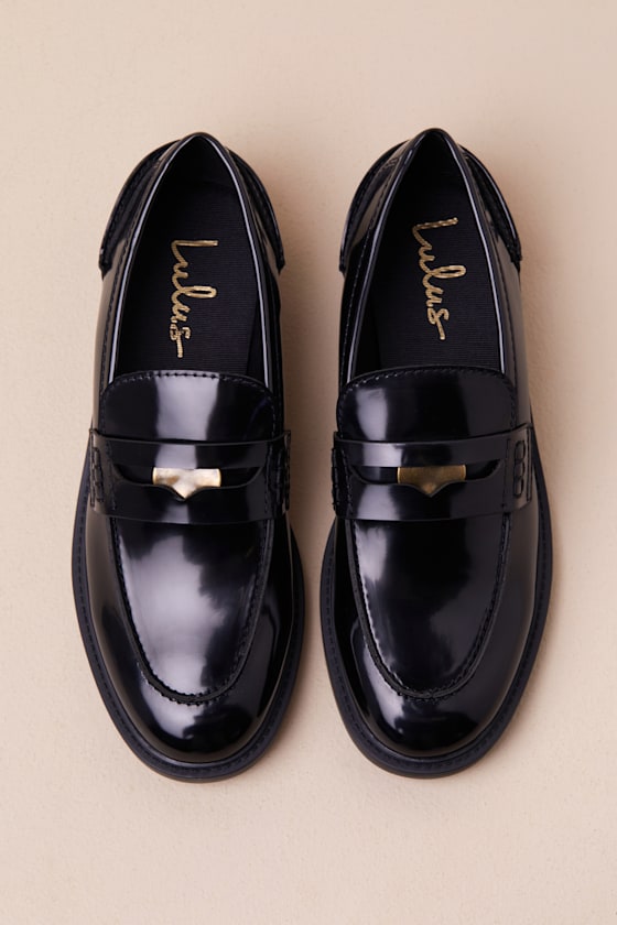 Lulus Halliday Black Patent Penny Loafers In Black