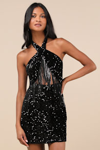 Elevated Dazzle Black Velvet Sequin Fringe Halter Mini Dress
