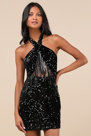 Elevated Dazzle Black Velvet Sequin Fringe Halter Mini Dress