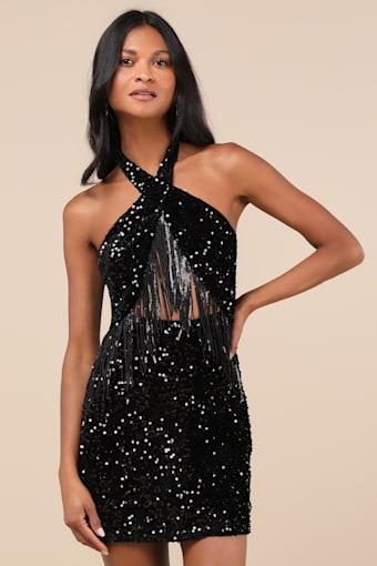 Elevated Dazzle Black Velvet Sequin Fringe Halter Mini Dress 4