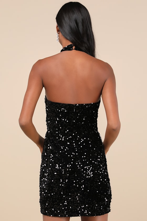 Lulus Elevated Dazzle Black Velvet Sequin Fringe Halter Mini Dress In Black