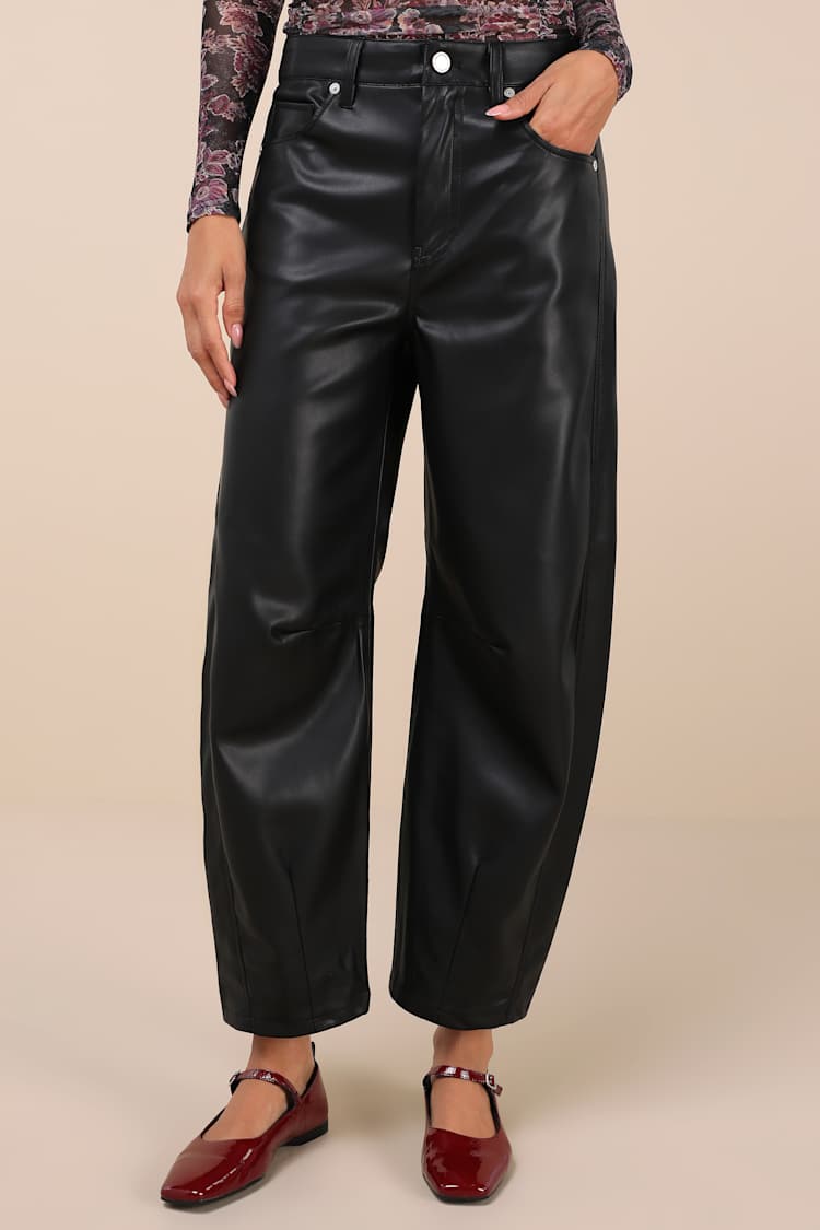 Evening Routine Black Vegan Leather Barrel Leg Pants