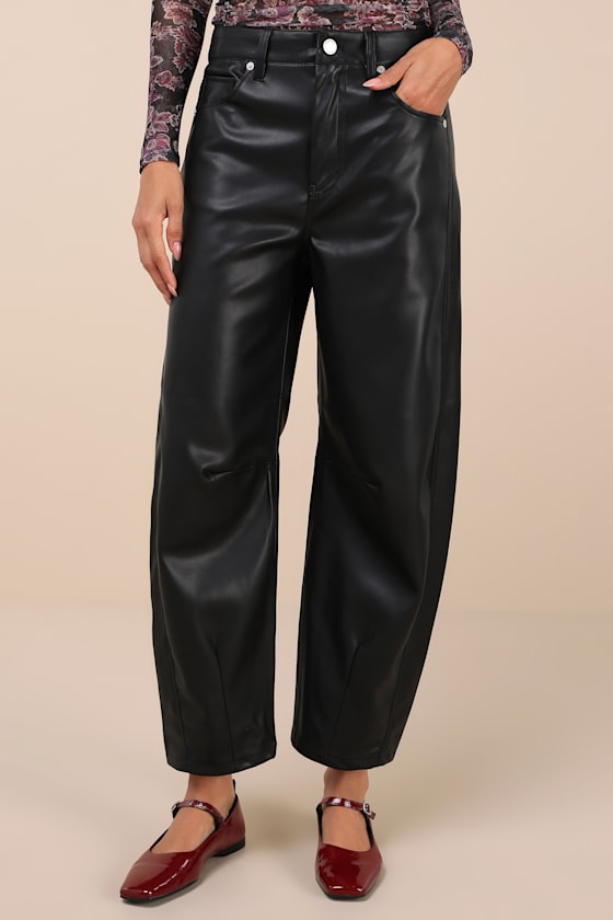 Evening Routine Black Vegan Leather Barrel Leg Pants 1