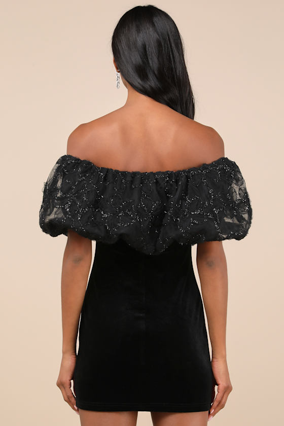 Lulus Lavishly Adored Black Tulle Velvet Off-the-shoulder Mini Dress In Black