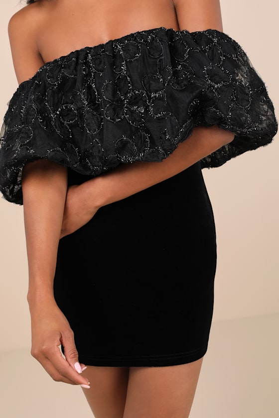 Lulus Lavishly Adored Black Tulle Velvet Off-the-shoulder Mini Dress In Black