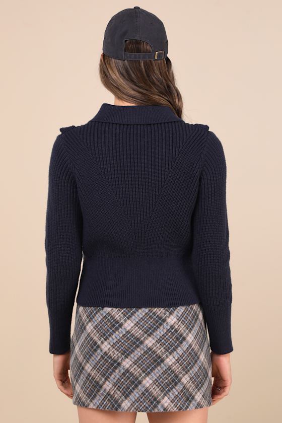 Lulus Incredibly Cozy Navy Ruffled Collared Pullover Sweater In Navy