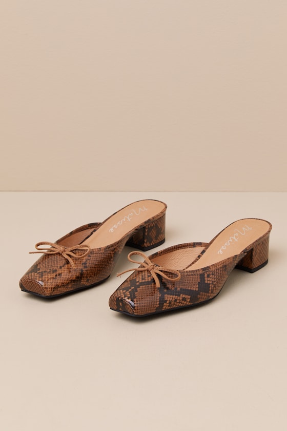 Basilio Brown Snake-Embossed Leather Low Heel Mule Pumps 2