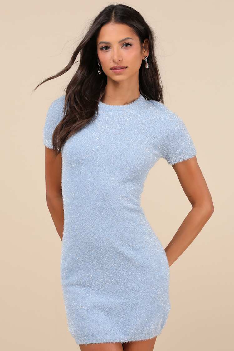 princess polly baby blue dress Glamorous Dress - Light Blue Lurex Dress - Knit Cutout Mini Dress