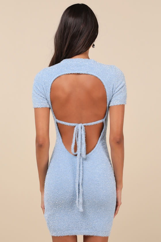 Signature Shimmer Light Blue Lurex Cutout Sweater Mini Dress