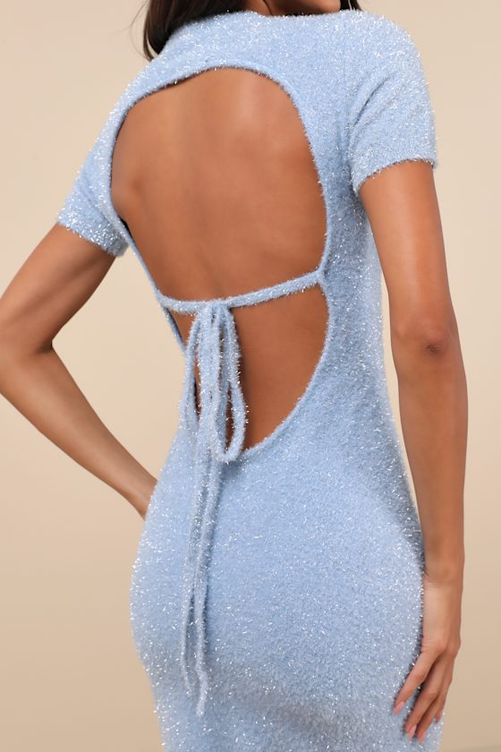 Glamorous Signature Shimmer Light Blue Lurex Cutout Sweater Mini Dress In Light Blue
