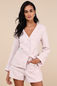 Adept Sophistication Light Pink Tweed Lurex High-Waisted Shorts 2