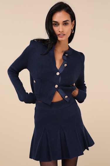 Navy Blue Knit Skirt Pleated Knit Skirt High-Rise Mini Skirt