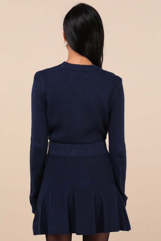 Lulus Most Adorable Vibes Navy Blue Knit Pleated High-rise Mini Skirt In Navy Blue