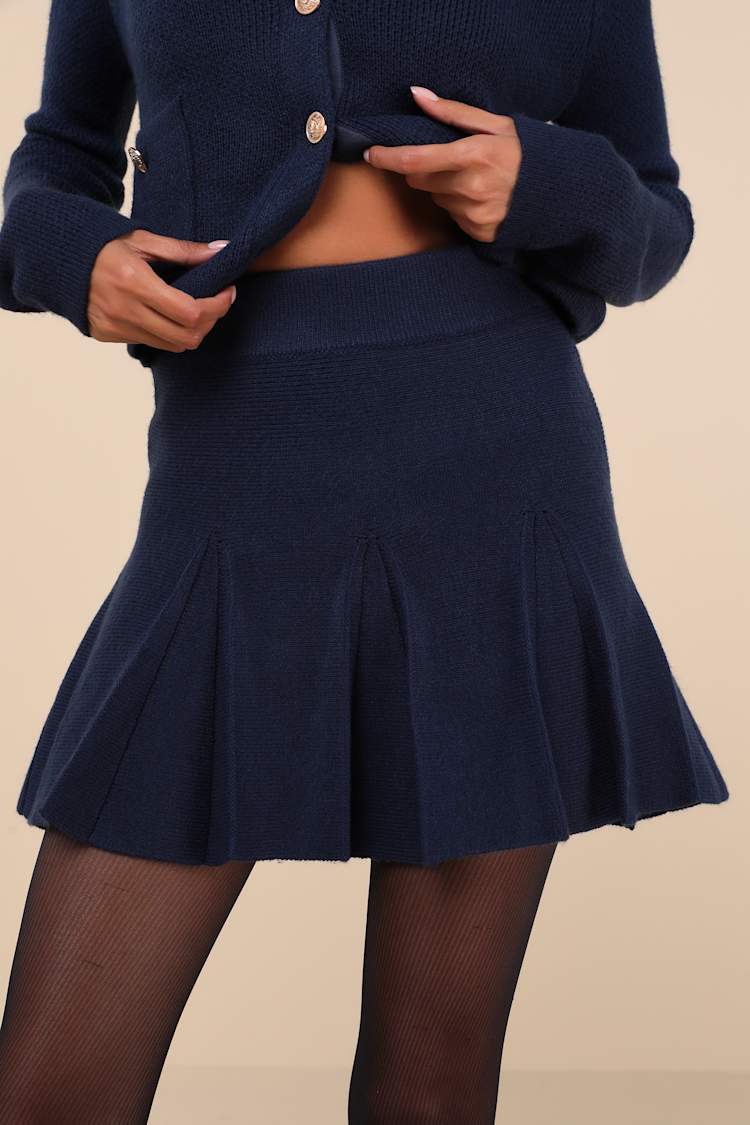 Navy Blue Knit Skirt - Pleated Knit Skirt - High-Rise Mini Skirt  