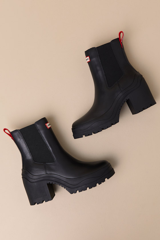 Hunter Miana Black Platform Waterproof Leather Ankle Boots In Black
