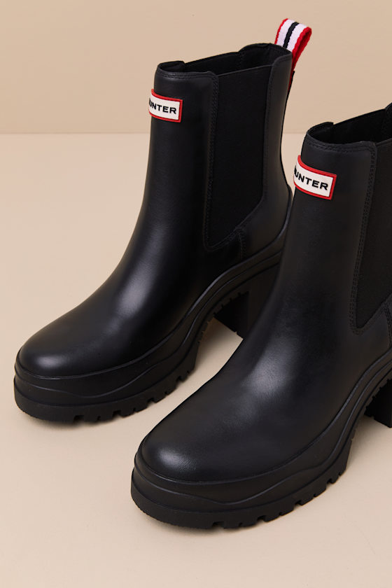 Hunter Miana Black Platform Waterproof Leather Ankle Boots In Black