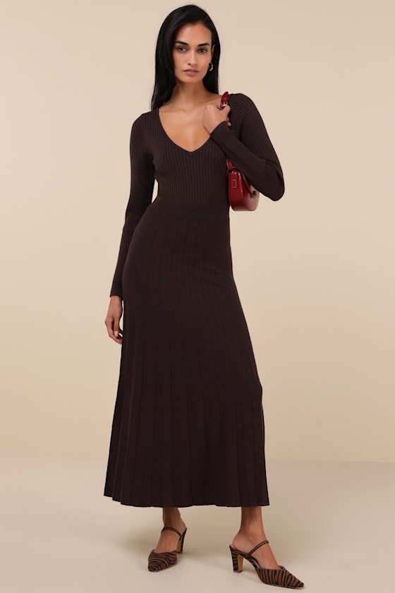 Lulus Snuggly Precision Brown Pleated Sweater Midi Dress In Brown