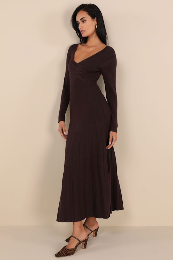 Lulus Snuggly Precision Brown Pleated Sweater Midi Dress In Brown