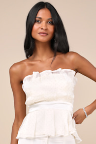 Voguish Passion Ivory Pleated Rhinestone Strapless Top 1