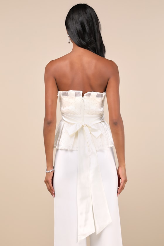 LULUS VOGUISH PASSION IVORY PLEATED RHINESTONE STRAPLESS TOP
