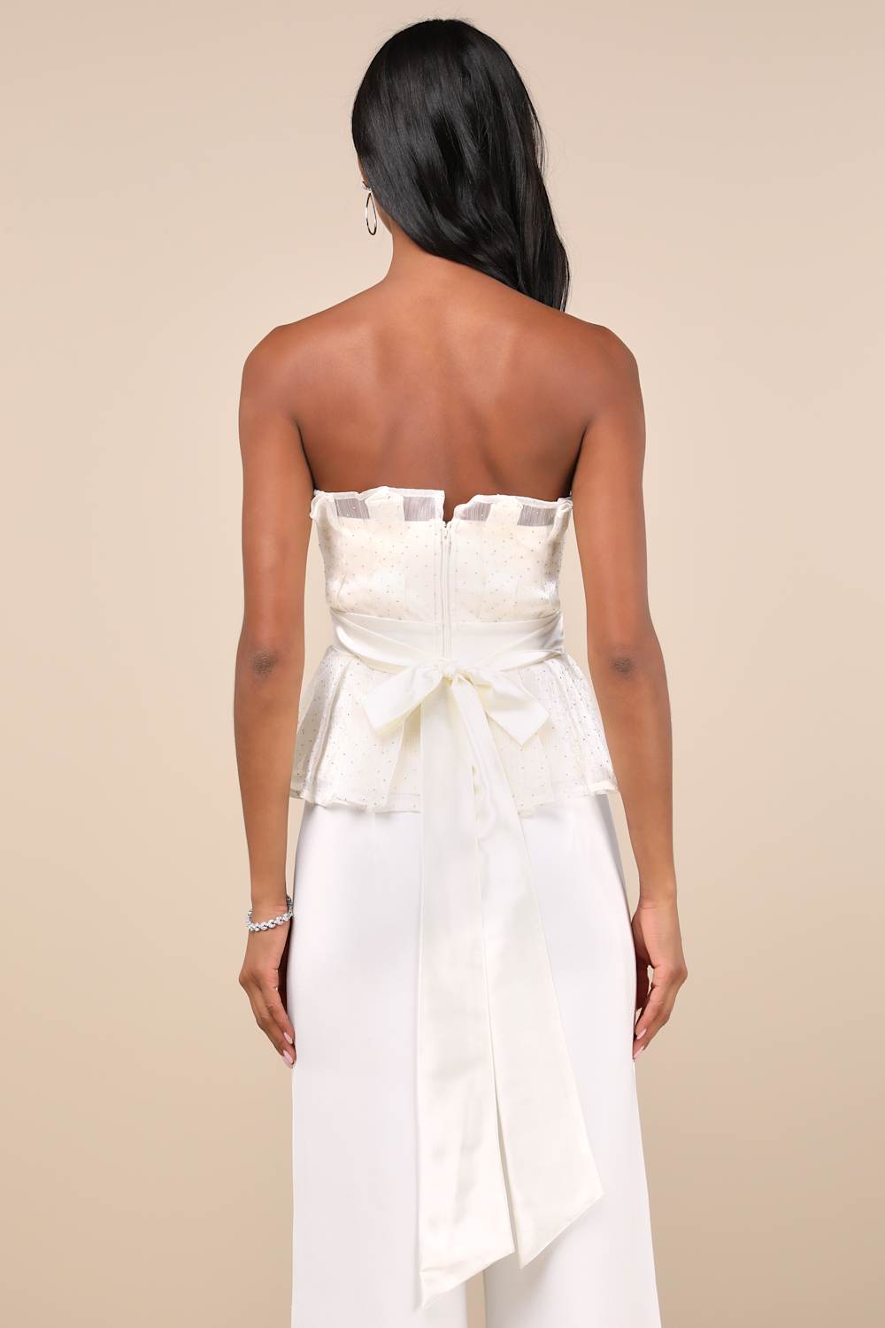 Voguish Passion Ivory Pleated Rhinestone Strapless Top