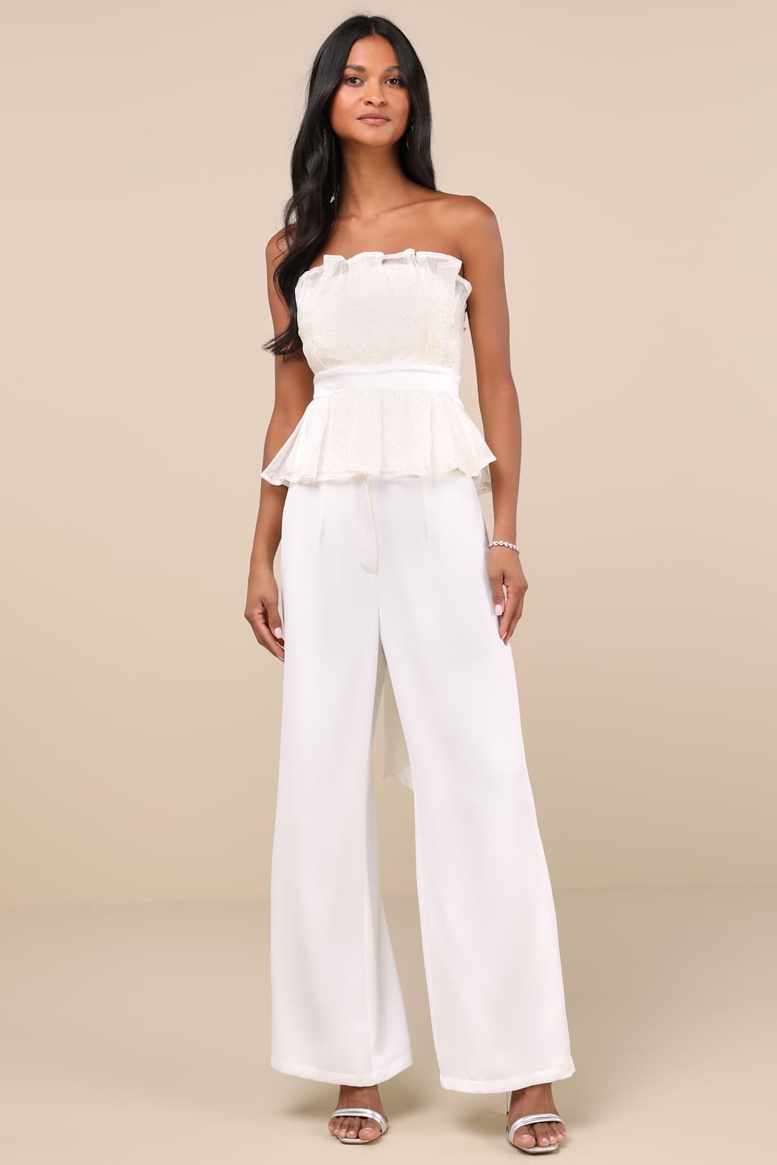 Voguish Passion Ivory Pleated Rhinestone Strapless Top