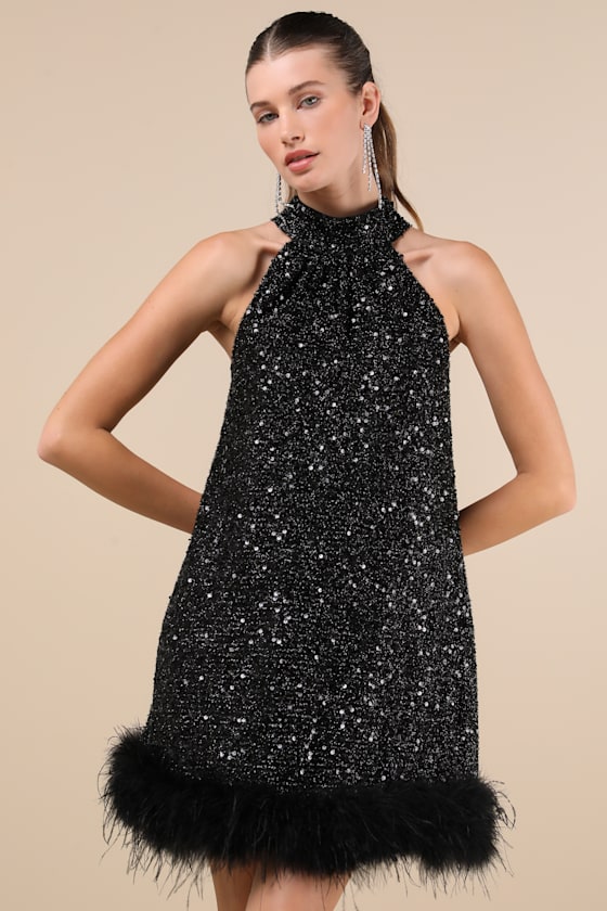 Lulus Magnetic Darling Shiny Black Sequin Feather Shift Mini Dress In Black